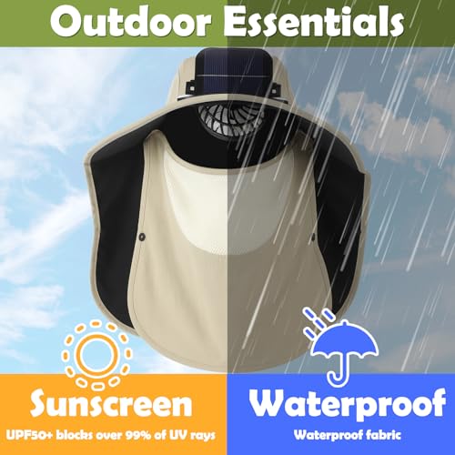 Berlune Solar Fan Hat Outdoor Fishing Hat with Neck Flap and Face Mask USB and Solar Powered for Men Women Sun Protection - color: Khaki