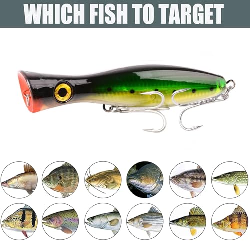 Popper Fishing Lure, JAZALIC 1 PCS Topwater Popper Lures 3D Eyes Fishing Accessories for Saltwater Surface Casting and Freshwater Gt Tuna Kingfish Large Predator Fish (6.3in, 2.82Oz) - color: Green