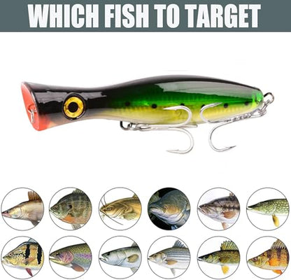 Popper Fishing Lure, JAZALIC 1 PCS Topwater Popper Lures 3D Eyes Fishing Accessories for Saltwater Surface Casting and Freshwater Gt Tuna Kingfish Large Predator Fish (6.3in, 2.82Oz) - color: Green