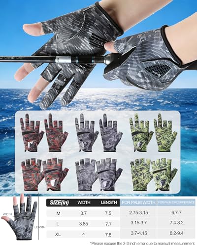 Camo Fishing Gloves Men Women UV-Protection, Anti-Slip Wear-Resistant Elastic Quick-Drying Breathable Sunblock Gloves 3-Finger-Open Lightweight for Boating, Kayaking, Hunting - size: Medium