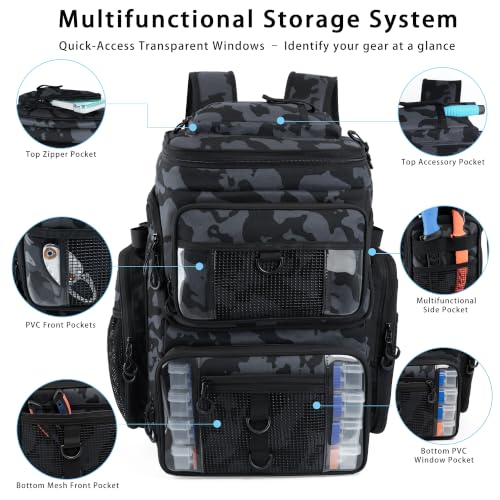 Fishing Backpack with 4 Tackle Boxes, 55L Large Tackle Box Backpack with 4 Rod Holders, Waterproof 900D Tackle Backpacks with Cooler & Clear Gear Windows, Fishing Gifts for Men Women,Camouflage Black - color: Camouflage Black(with 4Boxes)