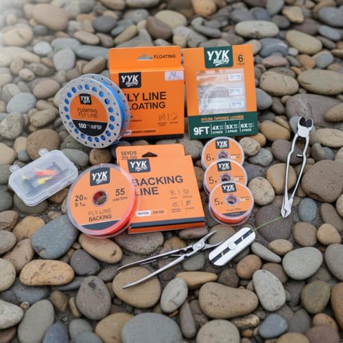 YYKBlueSky Fly Fishing Line Combo, 100ft WF5F Weight Forward Floating Fly Line, 55yds 20lbs Backing Line, 9ft Tapered Leaders 4X/5X/6X, 30m Nylon Tippet 4X/5X/6X Complete Kit