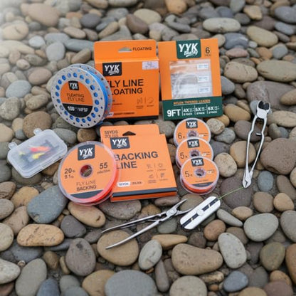 YYKBlueSky Fly Fishing Line Combo, 100ft WF5F Weight Forward Floating Fly Line, 55yds 20lbs Backing Line, 9ft Tapered Leaders 4X/5X/6X, 30m Nylon Tippet 4X/5X/6X Complete Kit