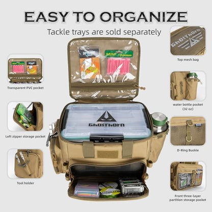 Ghosthorn Fishing Tackle Bag with Rod Holder Saltwater & Freshwater Resistant Large Tackle Box Bag - Adjustable Padded Shoulder Strap (Khaki) - color: Khaki, size: Large