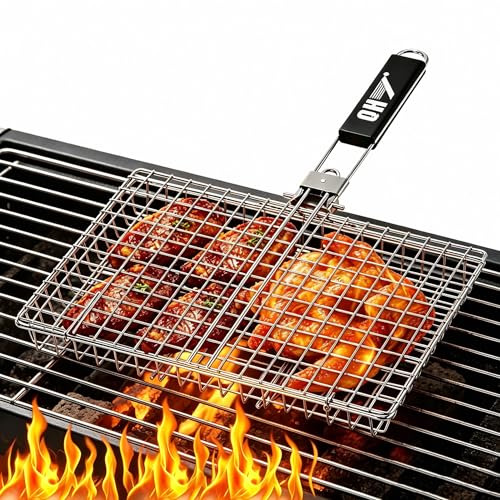 Portable BBQ Grill Basket, 12.6x8.8x 1.34 Inch, Stainless Steel Folding Portable Outdoor Camping Rack for Fish, Shrimp, Vegetables, Cooking Accessories, Gifts for Dad, husband, Friends （Includes Carry Bag）