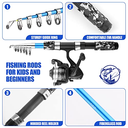 Fishing Rod Reel Combos Collapsible Fishing Rod Kit, 2PCS Telescopic Fishing Pole+2PCS Spinning Reels+Lures Hooks+Tackle Bag+Fishing Accessories Full Combo for Kids Youth - color: 2PCS 1.7M Black and Blue