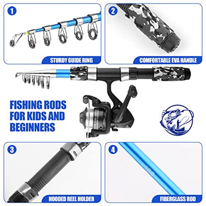 Fishing Rod Reel Combos Collapsible Fishing Rod Kit, 2PCS Telescopic Fishing Pole+2PCS Spinning Reels+Lures Hooks+Tackle Bag+Fishing Accessories Full Combo for Kids Youth - color: 2PCS 1.7M Black and Blue