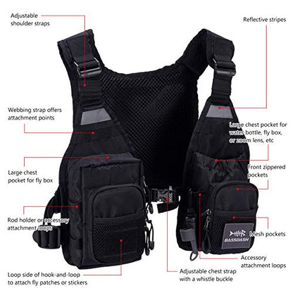 BASSDASH FV08 Ultra Lightweight Fly Fishing Vest for Men and Women Portable Chest Pack - color: Black