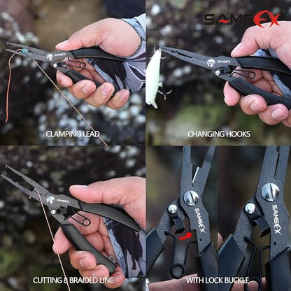 SAMSFX Locking Fishing Pliers Saltwater Resistant Teflon Coated Briad Line Cutters with Wire Coiled Lanyard, Sheath & Quick Knot Tool Combo - color: Black Color