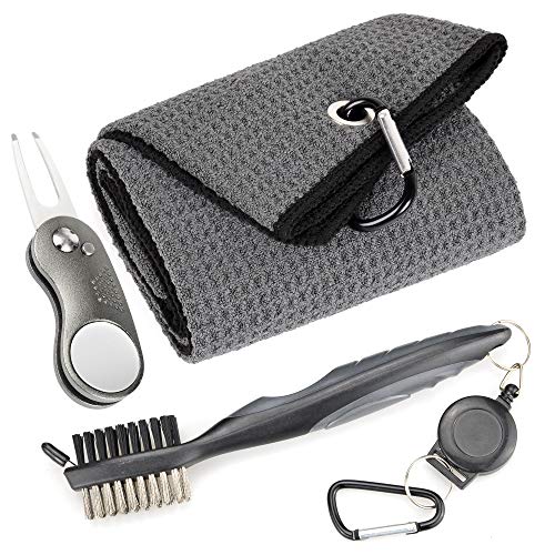 Mile High Life Microfiber Waffle Pattern Golf Towel | Club Groove Cleaner Brush | Foldable Divot Tool with Magnetic Ball Marker (Dark Gray Towel/Brush/Curve Divot) - color: Dark Gray Towel/Brush/Curve Divot
