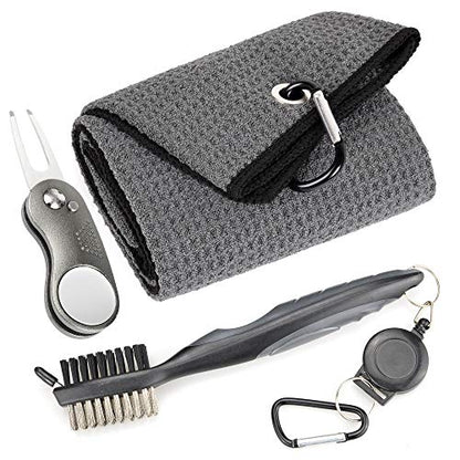 Mile High Life Microfiber Waffle Pattern Golf Towel | Club Groove Cleaner Brush | Foldable Divot Tool with Magnetic Ball Marker (Dark Gray Towel/Brush/Curve Divot) - color: Dark Gray Towel/Brush/Curve Divot