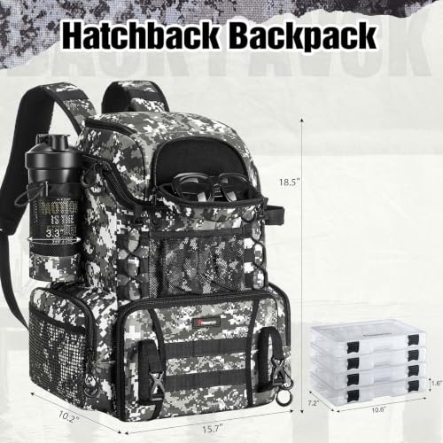 Piscifun Fishing Tackle Backpack with Rod Holders & 4 Tackle Boxes, 42L Outdoor Fishing Bag with Waterproof Rain Cover - color: Camouflage