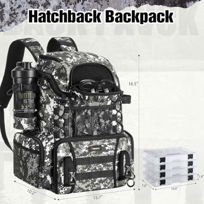 Piscifun Fishing Tackle Backpack with Rod Holders & 4 Tackle Boxes, 42L Outdoor Fishing Bag with Waterproof Rain Cover - color: Camouflage