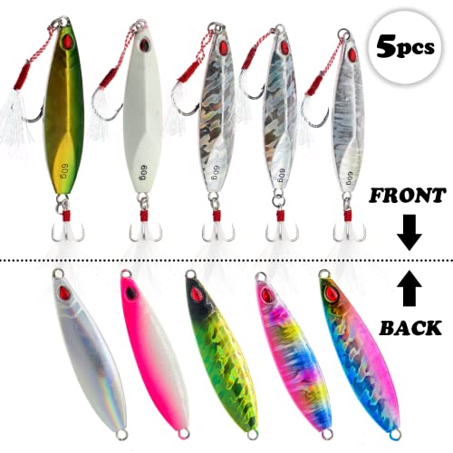 Fishing Jigs Vertical Saltwater Jigs Vertical Jigging Spoon Fishing Tuna Lures Boat Fishing Artificial Lures for Tuna, Grouper, Dogtooth, Snapper, Bass, Salmon/60g, 80g,120g - color: 5pcs-multicoloured