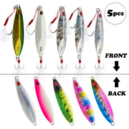 Fishing Jigs Vertical Saltwater Jigs Vertical Jigging Spoon Fishing Tuna Lures Boat Fishing Artificial Lures for Tuna, Grouper, Dogtooth, Snapper, Bass, Salmon/60g, 80g,120g - color: 5pcs-multicoloured