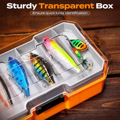 PLUSINNO Fishing Lures Tackle Box Gear Kit with Tackle Included, 373 PCS | Waterproof, Compact & Customizable, for Bass Trout, Freshwater Topwater, 16 Rigs, Fishing Gifts for Men Starter - color: Orange 373 PCS Lures Box