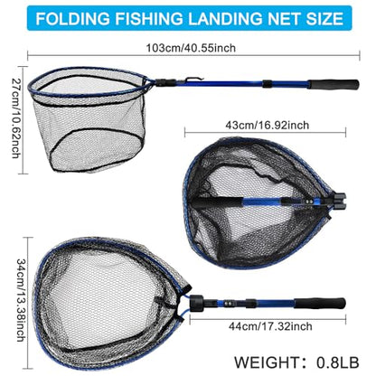 LBW Collapsible Fishing Net with Handle, Folding Kayak Net for Freshwater or Saltwater, Trout Catfish Bass Compact Rubber Landing Net