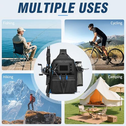 Fishing Bag, Small Fishing Tackle Sling Bag with Rod & Beverage Holder, Convertible Crossbody Shoulder Bag, Fish Gifts for Men Women, Black - color: Black
