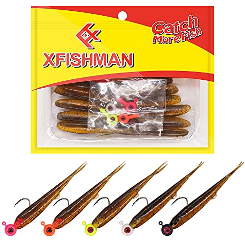Crappie-Baits- Plastics-Jig-Heads-Kit-Minnow-Fishing-Lures-for Crappie-Panfish-Bluegill-20Piece Kit - 15 Bodies- 5 Crappie Jig Heads - color: #03 Pumpkin PP.Shad