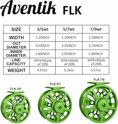 Aventik FLK Fly Fishing Reel Aluminum Trout 3/5, 5/7, 7/9wt Large Arbor Freshwater Fly Reel - size: 7/9wt, style: Green-with Line