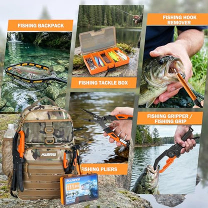 PLUSINNO Fishing Backpack with Fishing Gear Fishing Net, Waterproof Tackle Backpack with Rod Holders, Tackle Box, Lures, Tools, Pliers & Accessories, Fish Gifts for Men - color: Khaki Backpack With Net