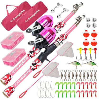 DaddyGoFish Kids Fishing Pole - Rod Reel Combo Tackle Box Starter Set - First Year Small Gear Kit for Boys Girls Toddler Youth Age Beginner Little Children - color: 2 Pack- Pink + Pink (Essential Set), size: 5ft