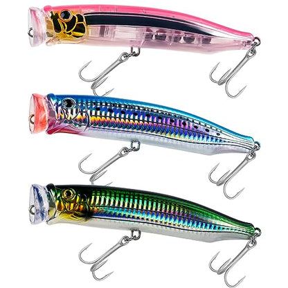 THKFISH Popper Lures Saltwater Tuna Popper Topwater Fishing Lures for Surf Fishing Bass with 3D Eyes for GT Tuna Large Fish 5.9in 1pc/3pcs - color: 3PCS-GREEN-PIN-BLUSPOT
