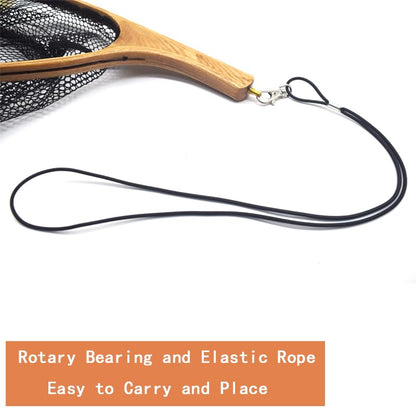 Small Wooden Frame Fly Fishing Landing Net With Soft Rubber Mesh for Trout Bass Catch and Release - Fishing Gear - color: Curved Handle