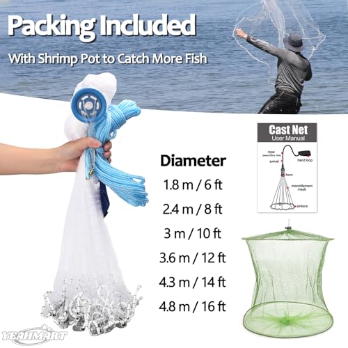 Yeahmart American Saltwater Fishing Cast Net for Bait Trap Fish 3ft/4ft/5ft/6ft/7ft/8ft/9ft/10ft Radius Casting Nets with Heavy Duty Real Zinc Sinker Weights, 3/8inch Mesh Size - style: 7ft Radius
