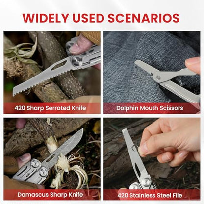 Multitool, 29-in-1 Stainless Steel Multi Tool Pliers with Screwdriver Sleeve, Damascus Pocket Knife, Nylon Sheath for Survival Camping, Hunting and Hiking - size: 29-in-1