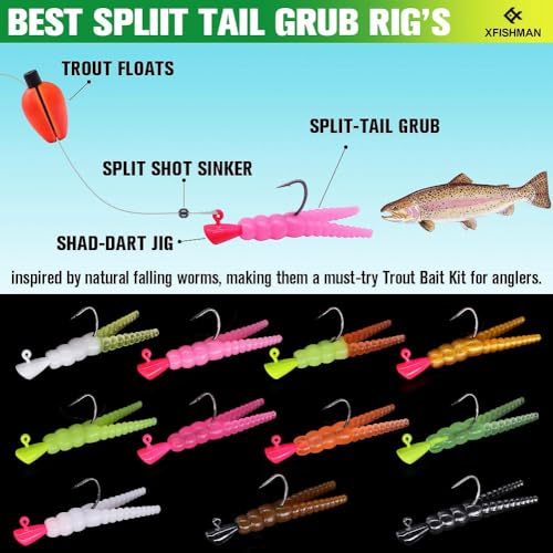 XFISHMAN-Trout-Fishing-Lure-Kit 165-Piece Creek & River Fishing Set with Split Tail Grub Worms, Shad Dart Jig Heads, Floats & Sinkers Ideal for Seasonal Trout Crappie Panfish