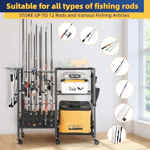 Olakee Fishing Rod Holders, Rolling Fishing Rod Rack for Garage & Boat, Tackle Box & Reel Holder Cart, Easy Assembly Fishing Gear Management System, Ideal Birthday Gift for Men Dad Anglers - color: 12 Rod,Black