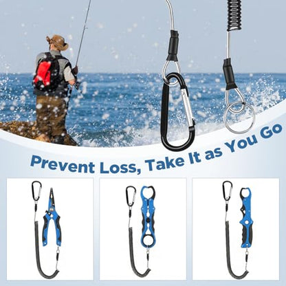 6 Pack Fishing Coiled Lanyard, Retractable Tool Lanyards for Hand Tools Keychain Pole Tether, Kayak Paddle Leash Fishing Rod Safety Steel Wire Lanyards Gear with Carabiner Clips for Pliers Boating