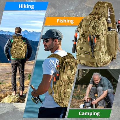 PLUSINNO Fishing Backpack with Tackle Boxes, Waterproof Sling Tackle Bag For Fishing Gear With Rod Holder, Fish Gifts for Men With Fish lures, Fish pliers. - color: Khaki Fishing Backpack With Fishing Tools
