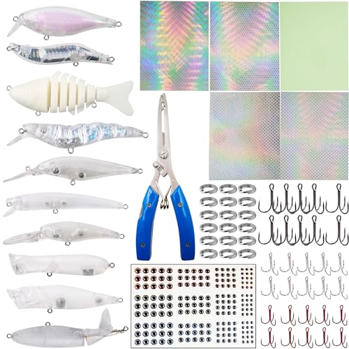 Blank Fishing Lure Kit,Unpainted Popper Plug Lures DIY Crank Bait Set Fishing Pliers Treble Hooks 3D/4D Lure Eyes Bait Sticker Split Rings,Fish Tackle Accessories Kits - color: Lure Kit-249pcs