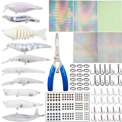 Blank Fishing Lure Kit,Unpainted Popper Plug Lures DIY Crank Bait Set Fishing Pliers Treble Hooks 3D/4D Lure Eyes Bait Sticker Split Rings,Fish Tackle Accessories Kits - color: Lure Kit-249pcs