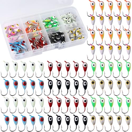 Vinsot 80 Pcs Ice Fishing Jigs Set, 1/16oz mini Ice Fishing Lures Winter Fish Jigs Heads Hooks Bulk with 3D Eyes Painted for Fish, Pike, Crappie, Walleye, Perch, Bass, Trout and Bluegill