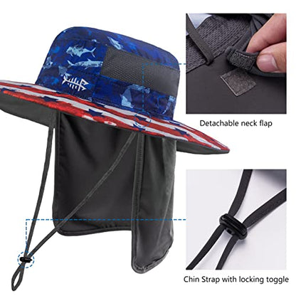 BASSDASH UPF 50+ Sun Fishing Hat Water Resistant with Detachable Neck Flap - color: Americana - Big Head Size
