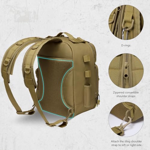 BASSDASH Convertible Fishing Backpack Sling Bag with Rod Holder, Adjustable Tactical Water-Resistant Tackle Storage Pack FP07 - color: Brown Khaki, size: Standard