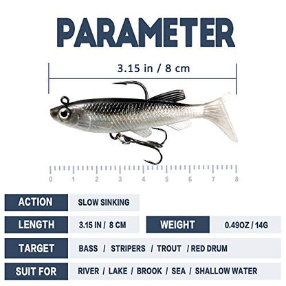 Soft Fishing Lures Shad Minnow Swimbaits, Pre-Rigged Jig Heads Paddle Tail Swim Baits for Bass, Trout, Walleye, Crappie, Sinking Jigs Bait for Saltwater Freshwater, Fishing Gifts for Men - color: A2-Weedness Pre Rigged Swim Baits-10pcs- 3.15inch