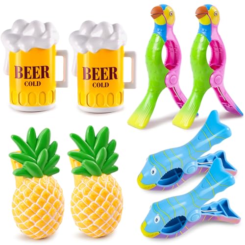 8 Pack Towel Clips for Beach Chairs, Durable and Jumbo Size Parrot Towel Clips, Portable Cute Creative Beach Towel Clip for Beach Chairs Cruise Patio Pool or Daily Use - style: Pineapple+Beer+Parrot+Fish