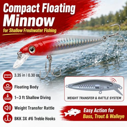 Floating Minnow Fishing Lure, 3.35in 0.30oz ABS Hard Bait with BKK 3X Size 6 Treble Hooks, Weight Transfer Rattle, 1-3ft Shallow Diving Lure for Bass Trout Walleye, Boxed - color: B2-1PCS/0.3OZ-3.35"