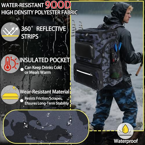 Fishing Backpack with Rod Holder, Large 50L Tackle Bag Water Resistant Tackle Backpack Heavy Duty Fishing Bag Gift for Men Woman - color: Blue Camo without Tackle Boxes or Fishing Tools