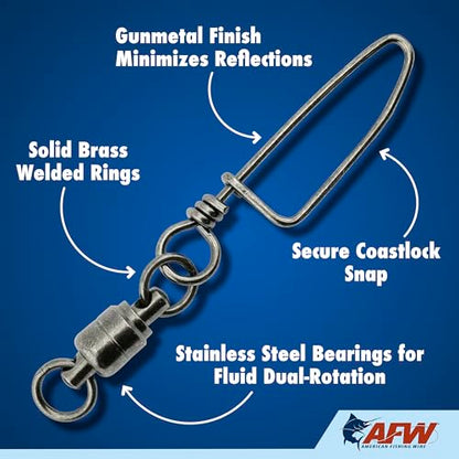 AFW Solid Brass Ball Bearing Snap Swivels with Welded Rings - Black Finish, Up to 450 lb Test Capacity, Patented Bullet Shaped Head for Reduced Water Resistance, Fluid Rotation - size: 1 pc, #9, 440 lb test