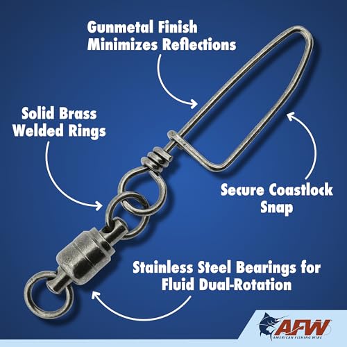AFW Solid Brass Ball Bearing Snap Swivels with Welded Rings - Black Finish, Up to 450 lb Test Capacity, Patented Bullet Shaped Head for Reduced Water Resistance, Fluid Rotation - size: 50 pc, #2, 44 lb test