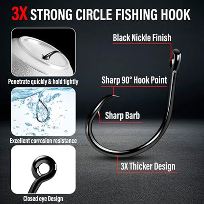 Alwonder 100-Pack Circle Hooks in-Line Fishing Hooks 3X Strong for Catfish, High Carbon Steel Non-Offset Closed Eye Wide Gap Circle Hook for Bass Striper Trout Bluegill Walleye - #4#1#1/0#2/0#3/0 - color: #4 #1 #1/0 #2/0 #3/0 Kit - 3X Strong