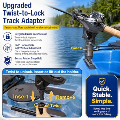 Huntury Kayak Track Fishing Rod Holder with Twist-to-Lock Adapter, 360 Degree Adjustable Track Adapter, Compatible with Spinning, Baitcasting, Kayak Fishing Accessories(Pack of 1) - color: Rod Holder - 1 Pack