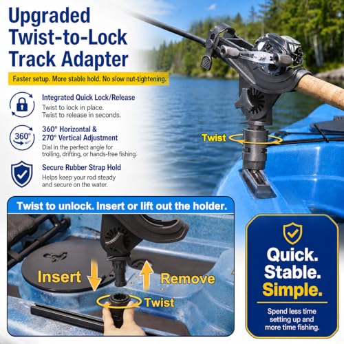 Huntury Kayak Track Fishing Rod Holder with Twist-to-Lock Adapter, 360 Degree Adjustable Track Adapter, Compatible with Spinning, Baitcasting, Kayak Fishing Accessories(Pack of 1) - color: Rod Holder - 2 Pack