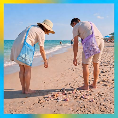 VioraWhite 2 Pcs Extra Large 14 x 16inch Clam Mesh Chum Beach Bags for Seashells Clams Treasures Sand Away Foldable Shell Collection Bags with Adjustable Straps (Purple,Blue) - color: Purple,Blue