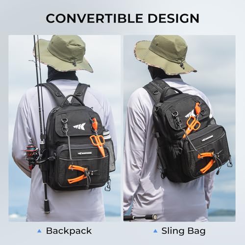 KastKing BaitSpace Fishing Sling Bag, Fishing Backpack with Rod & Beverage Holder, Tackle Bag for Fishing Gear - color: H: Black - with (2) 3600 tackle boxes, size: Large